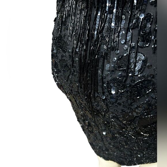 90’s Jacqueline Ferrar 100% Silk Beaded Fringe Black Dress Sleeveless Cocktail - Picture 14 of 16